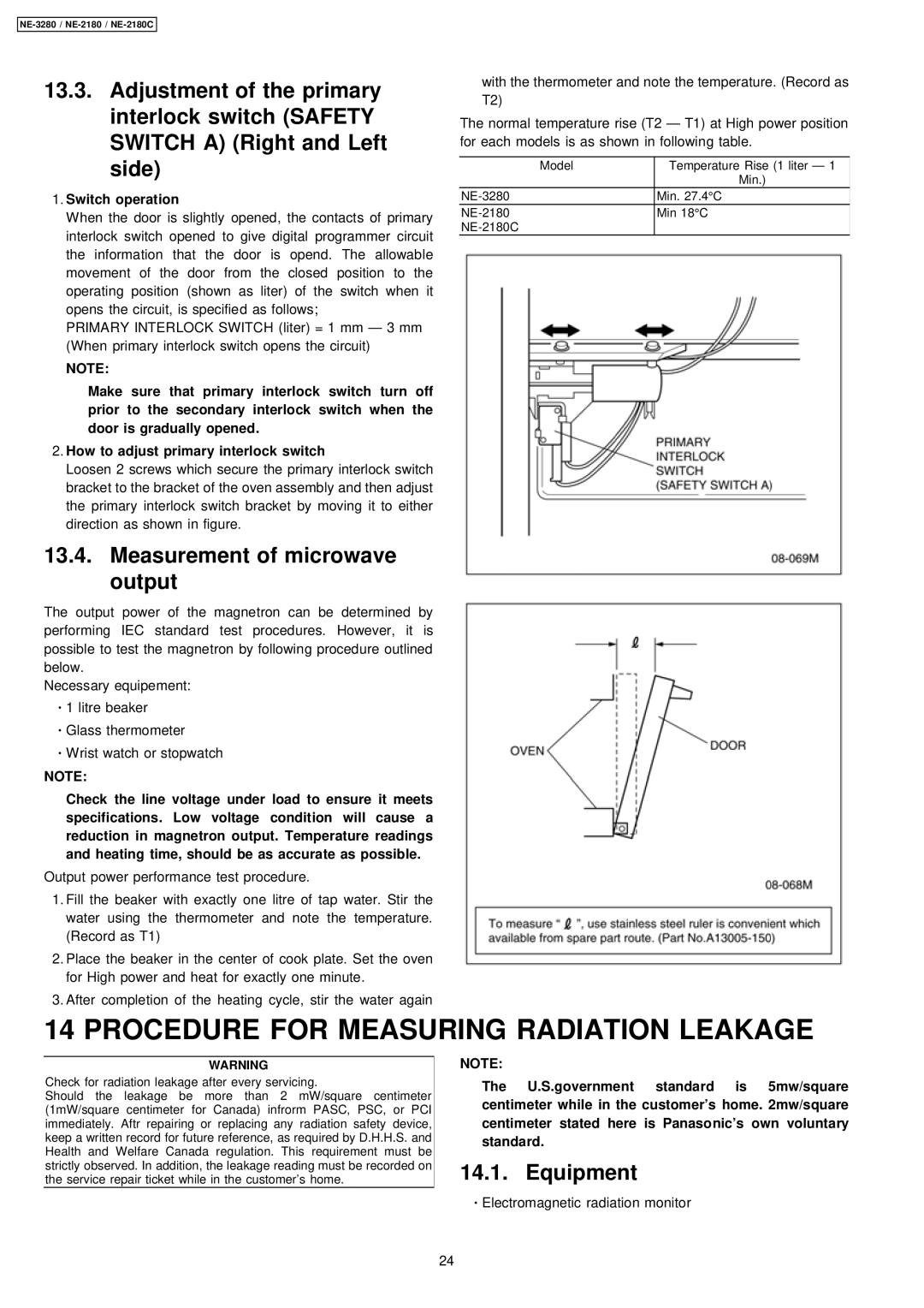 Panasonic NE-3280, NE-2180C manual Procedure for Measuring Radiation Leakage, Measurement of microwave output, Equipment 