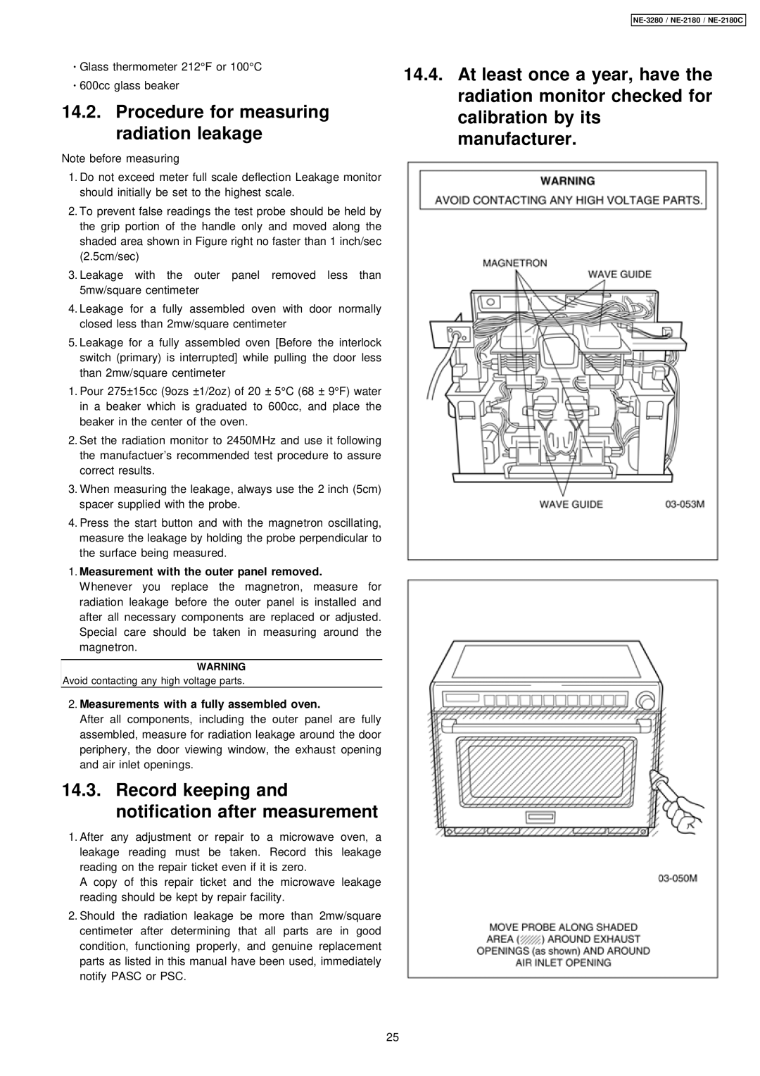 Panasonic NE-3280, NE-2180C manual Procedure for measuring radiation leakage 