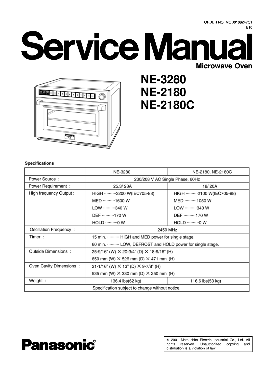Panasonic manual Microwave Oven, NE-3280 NE-2180 NE-2180C 