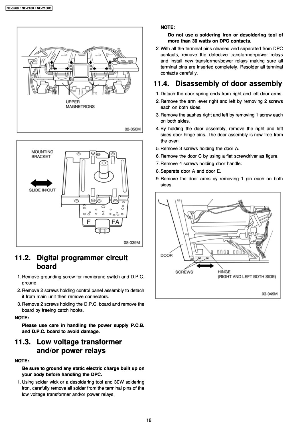 Panasonic NE-3280, NE-2180C manual Disassembly of door assembly, Digital programmer circuit board 