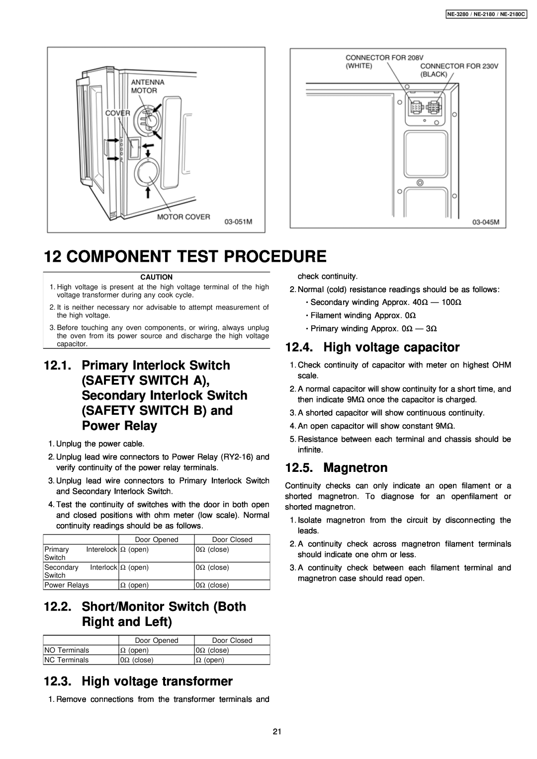 Panasonic NE-3280, NE-2180C manual Component Test Procedure, Primary Interlock Switch, High voltage capacitor, Magnetron 
