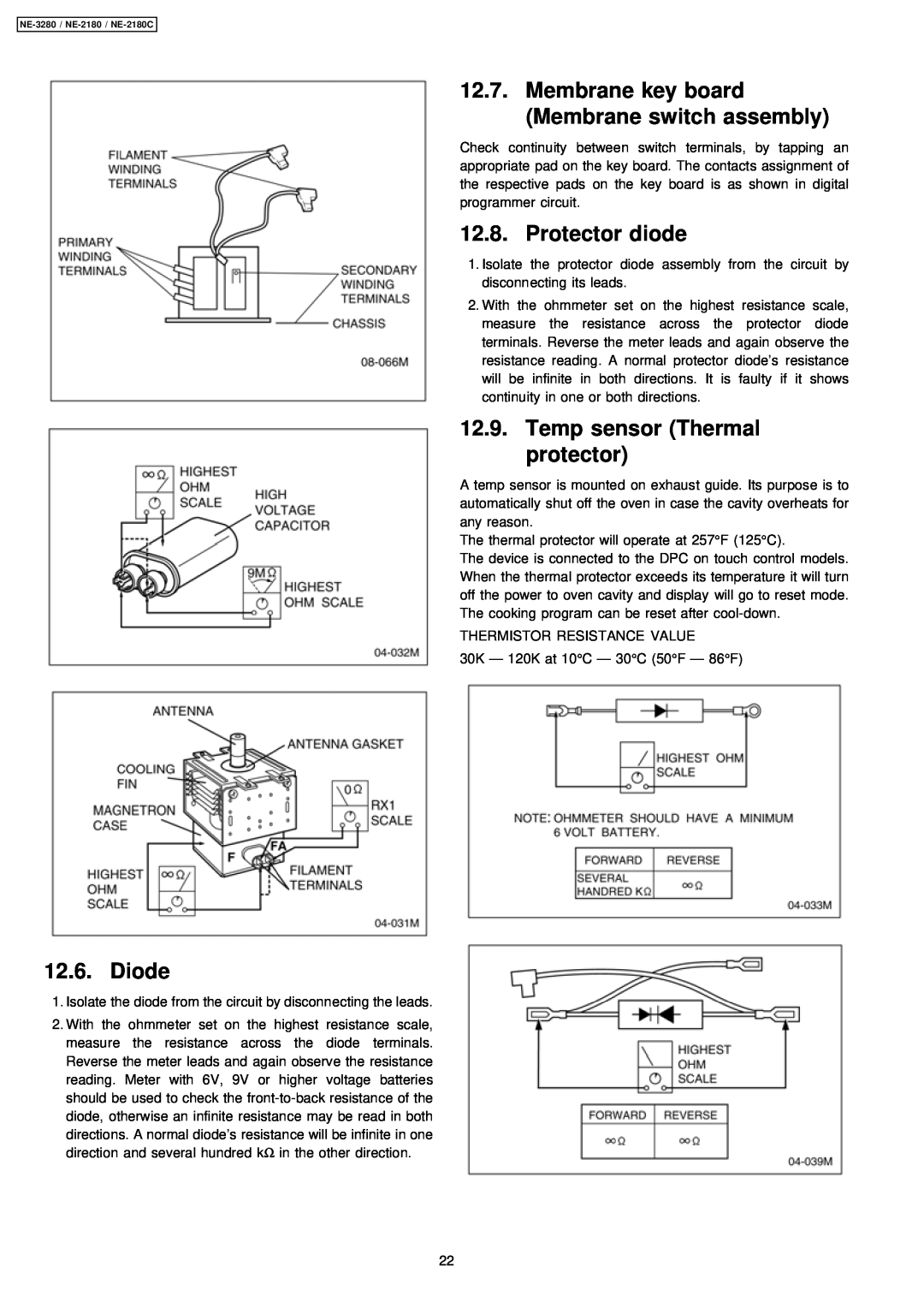 Panasonic NE-2180 manual Diode, Protector diode, Temp sensor Thermal protector, Membrane key board Membrane switch assembly 