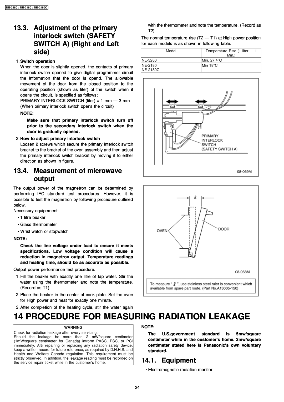 Panasonic NE-3280, NE-2180C manual Procedure For Measuring Radiation Leakage, Measurement of microwave output, Equipment 