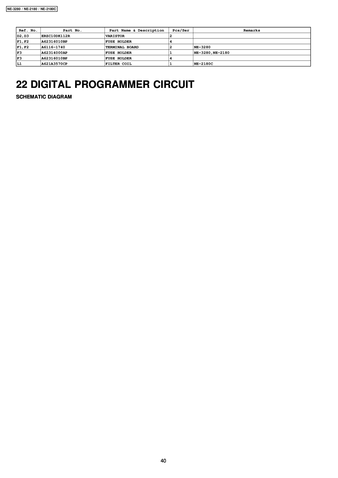 Panasonic NE-3280, NE-2180C manual Digital Programmer Circuit, Schematic Diagram 