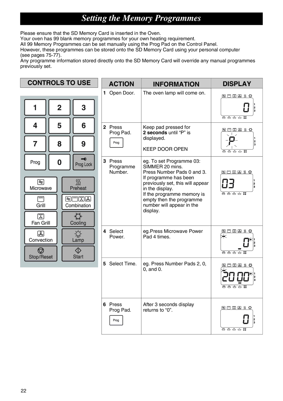 Panasonic NE-C1275 operating instructions Setting the Memory Programmes, Keep Door Open 