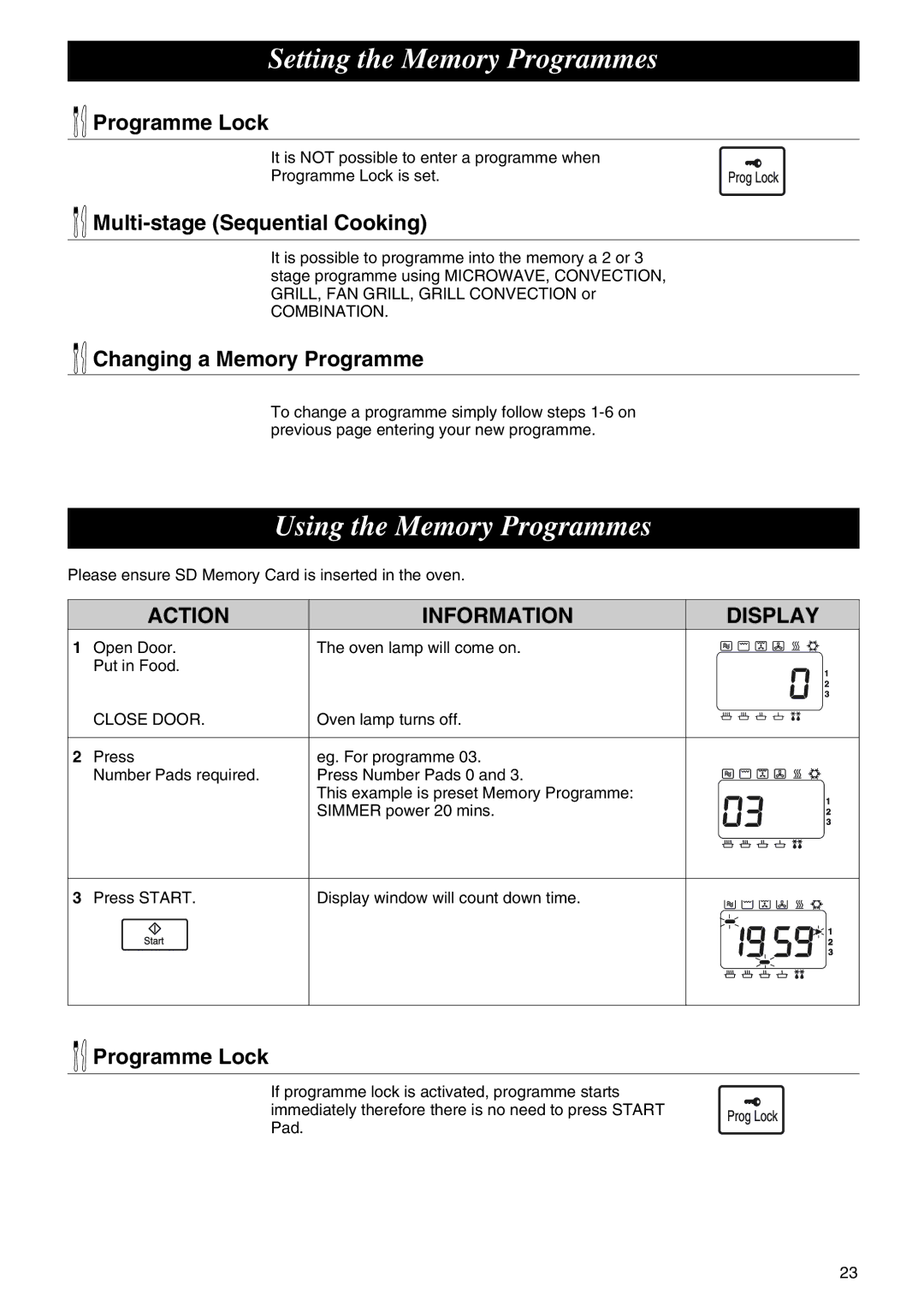 Panasonic NE-C1275 operating instructions Using the Memory Programmes, Programme Lock, Multi-stage Sequential Cooking 