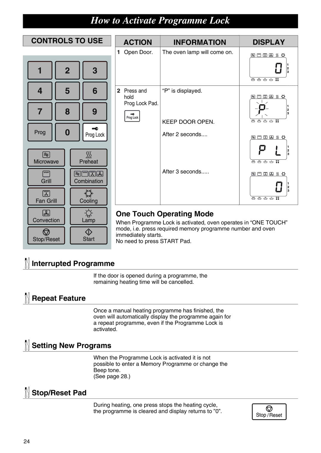 Panasonic NE-C1275 How to Activate Programme Lock, One Touch Operating Mode, Interrupted Programme, Setting New Programs 