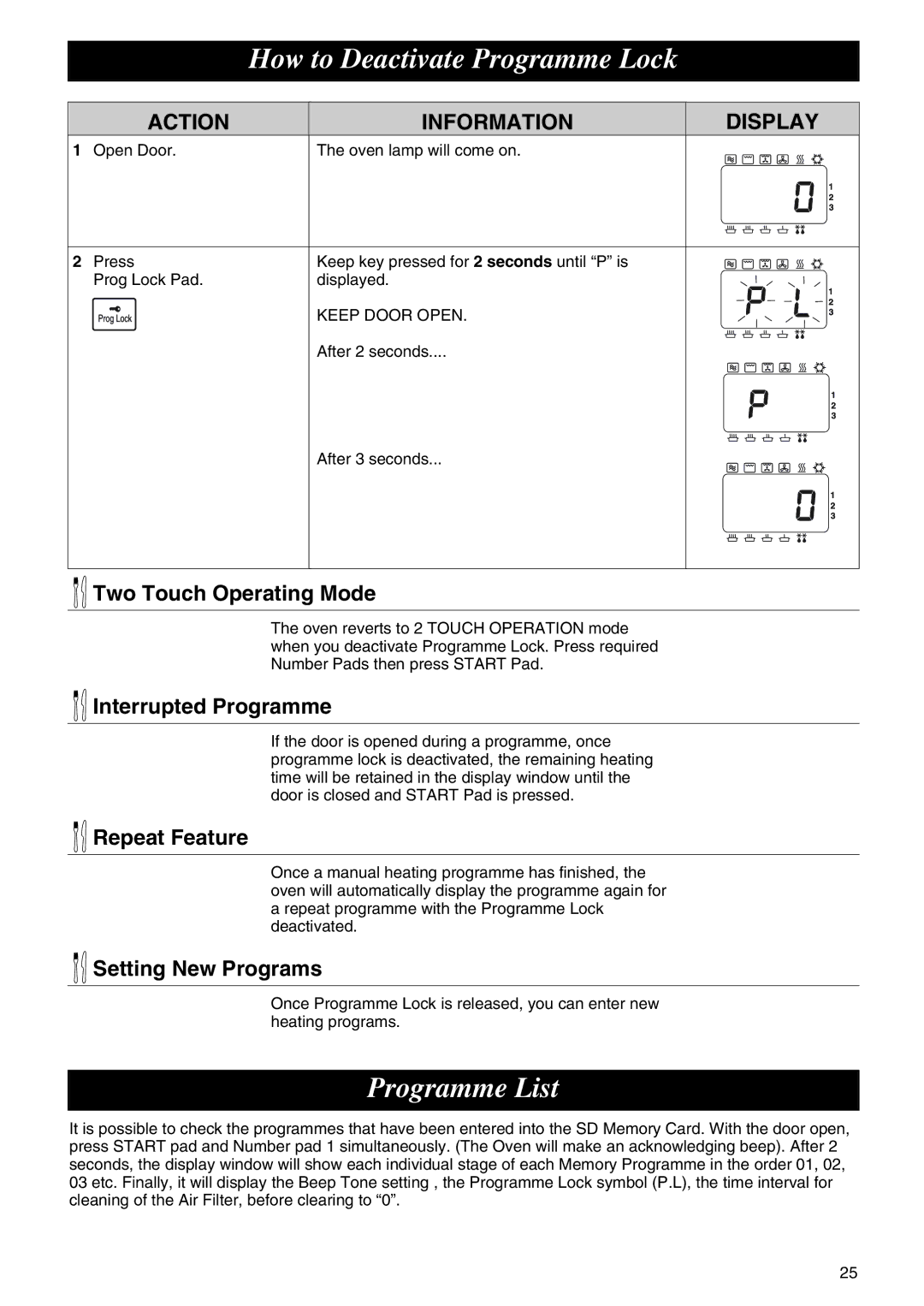 Panasonic NE-C1275 operating instructions How to Deactivate Programme Lock, Programme List, Two Touch Operating Mode 