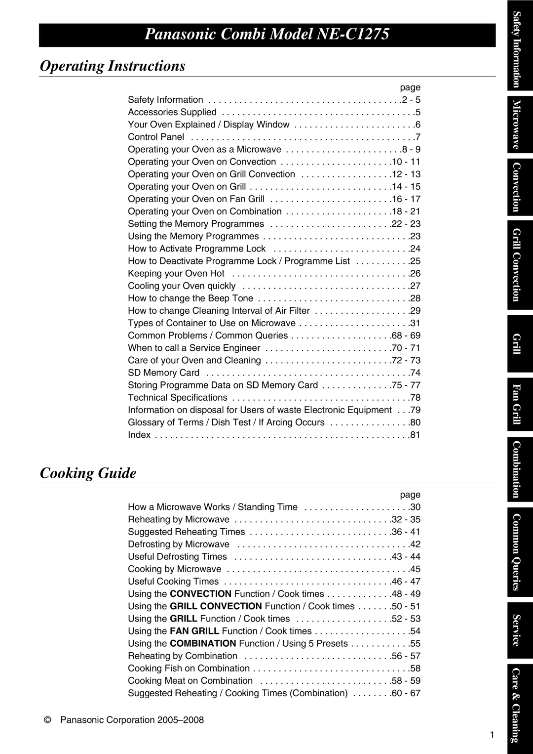 Panasonic operating instructions Panasonic Combi Model NE-C1275, Operating Instructions 