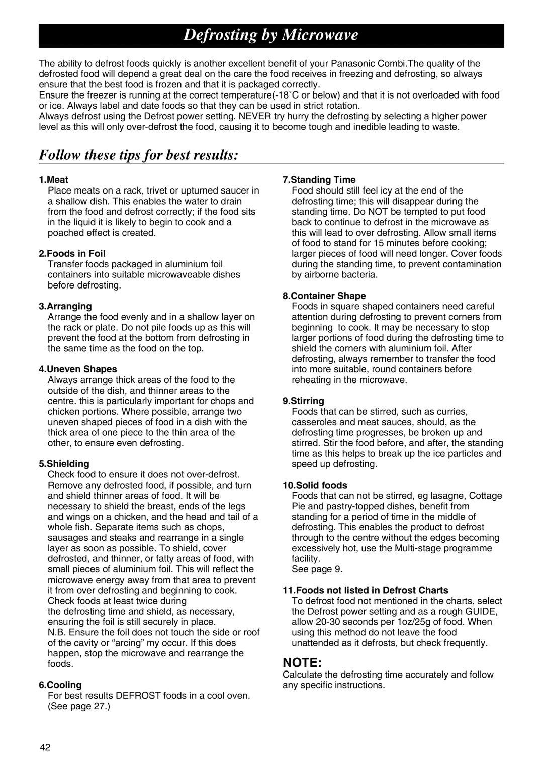 Panasonic NE-C1275 operating instructions Defrosting by Microwave, Follow these tips for best results 