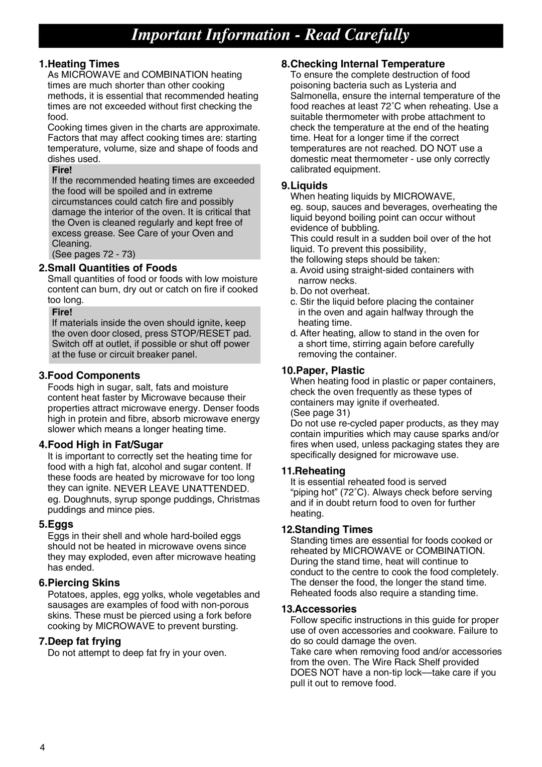 Panasonic NE-C1275 operating instructions Important Information Read Carefully, Fire 