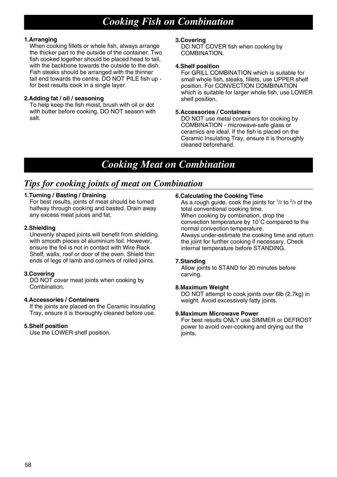 Panasonic NE-C1275 operating instructions Cooking Fish on Combination, Cooking Meat on Combination 