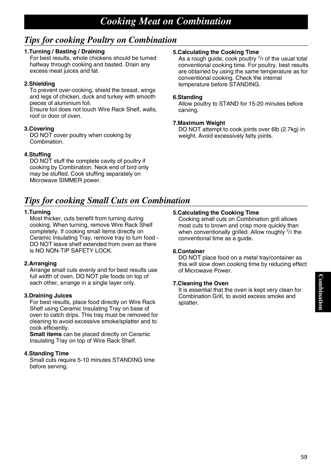 Panasonic NE-C1275 Tips for cooking Poultry on Combination, Tips for cooking Small Cuts on Combination 