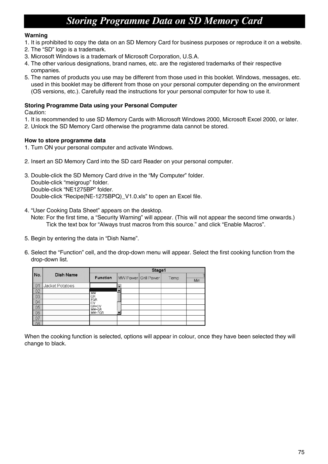 Panasonic NE-C1275 Storing Programme Data on SD Memory Card, Storing Programme Data using your Personal Computer 