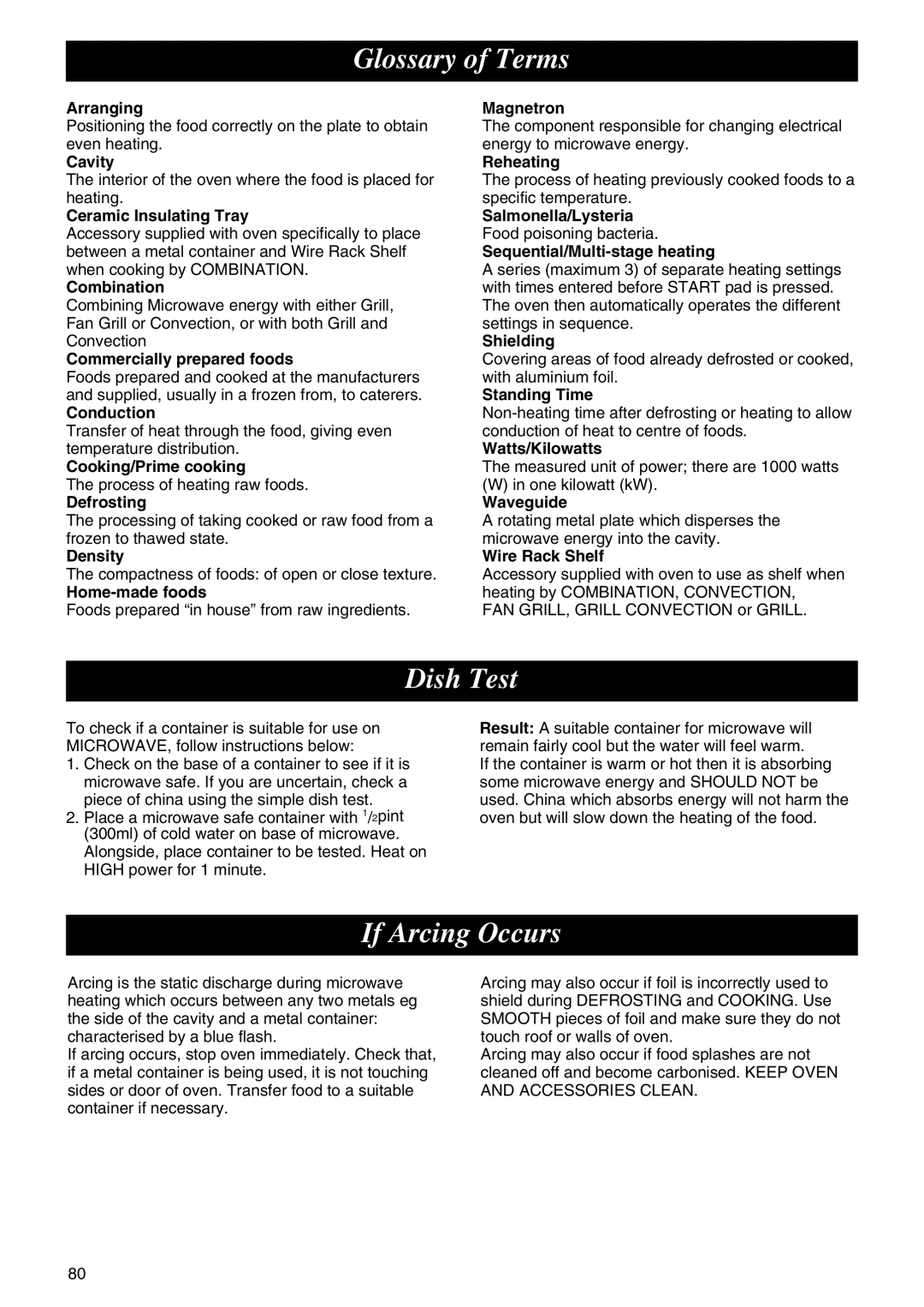 Panasonic NE-C1275 operating instructions Glossary of Terms, Dish Test, If Arcing Occurs 