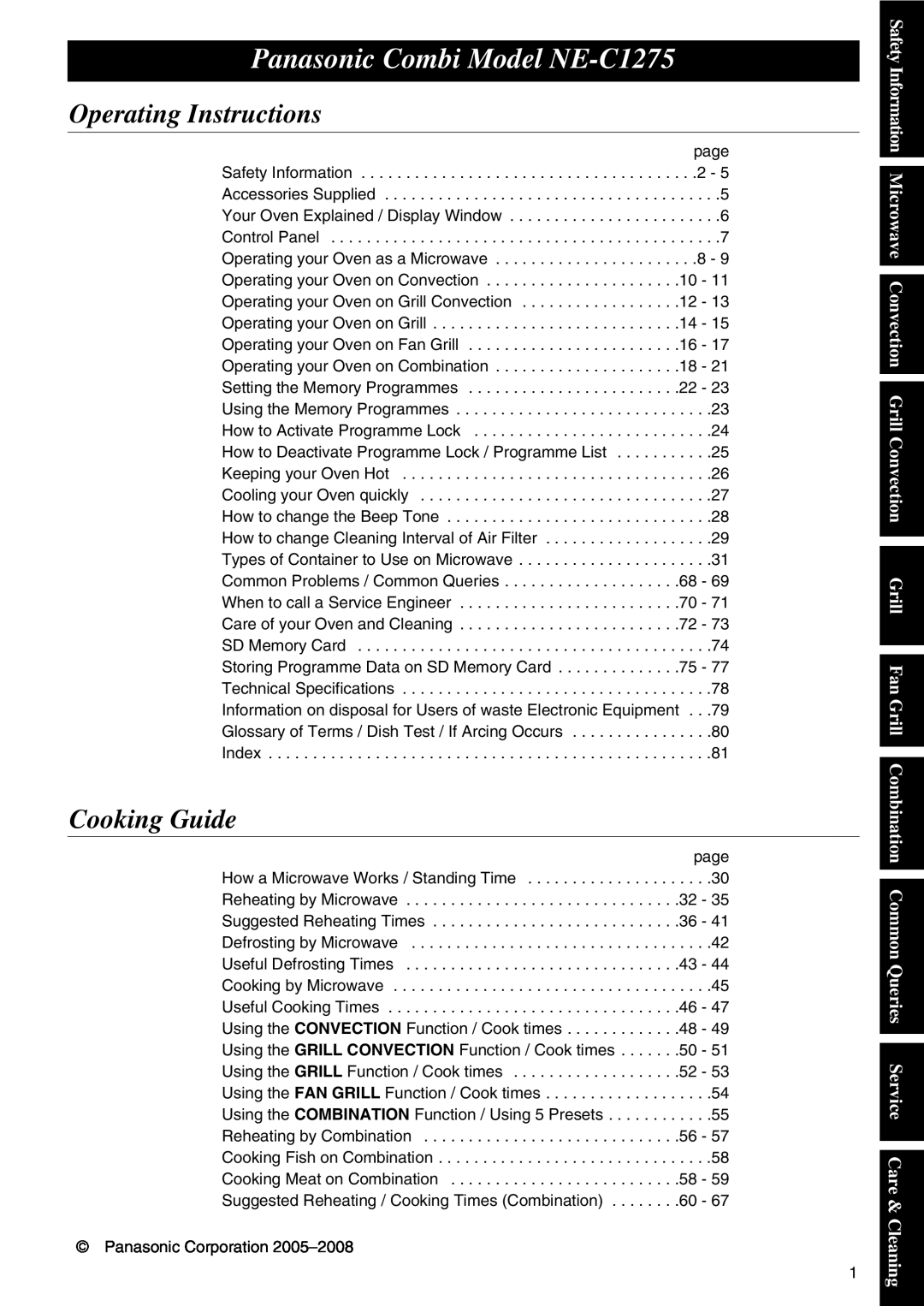 Panasonic operating instructions Panasonic Combi Model NE-C1275, Operating Instructions, Cooking Guide 