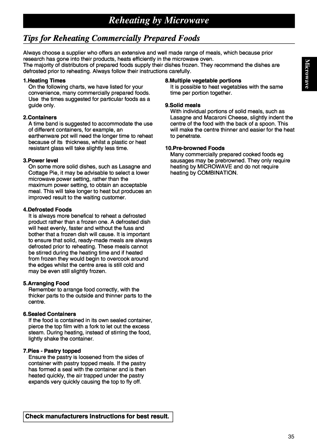 Panasonic NE-C1275 operating instructions Tips for Reheating Commercially Prepared Foods, Reheating by Microwave 