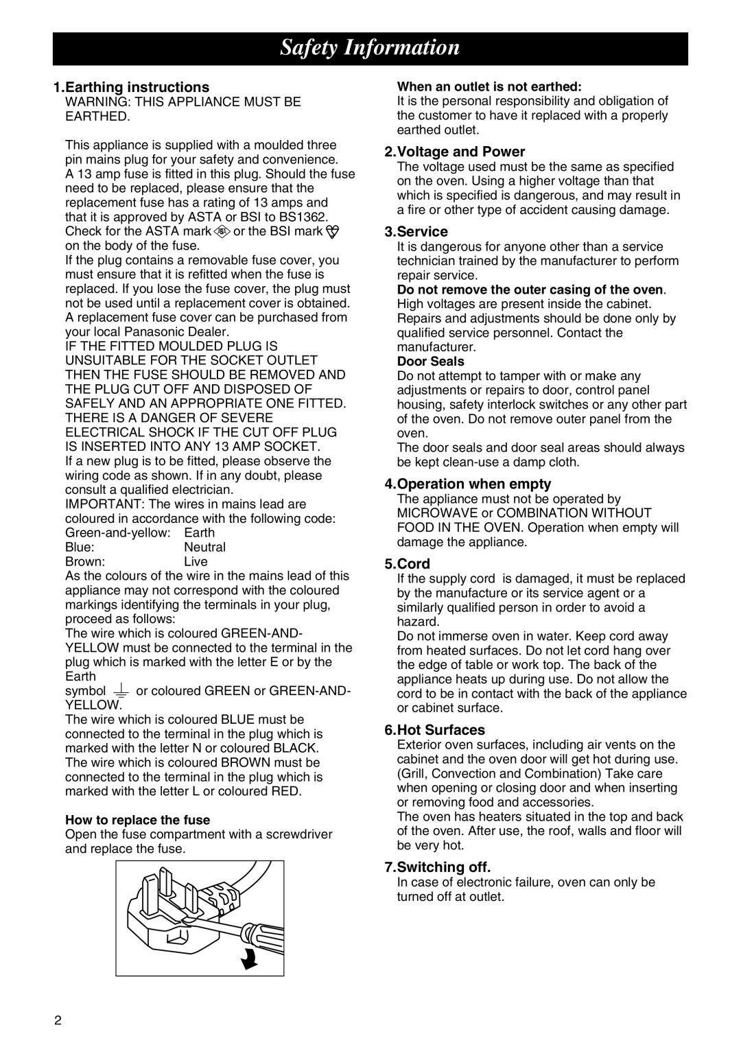 Panasonic NE-C1275 Safety Information, Earthing instructions, Voltage and Power, Service, Operation when empty, Cord 