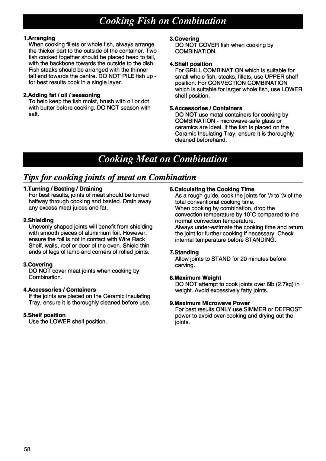Panasonic NE-C1275 operating instructions Cooking Fish on Combination, Cooking Meat on Combination 