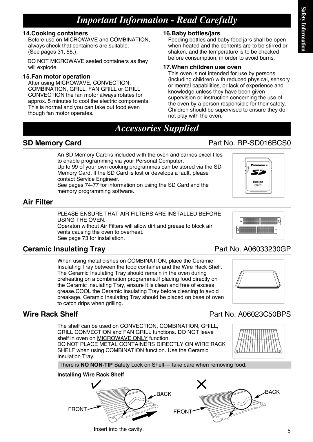 Panasonic NE-C1275 Accessories Supplied, SD Memory Card, Part No. RP-SD016BCS0, Air Filter, Ceramic Insulating Tray 