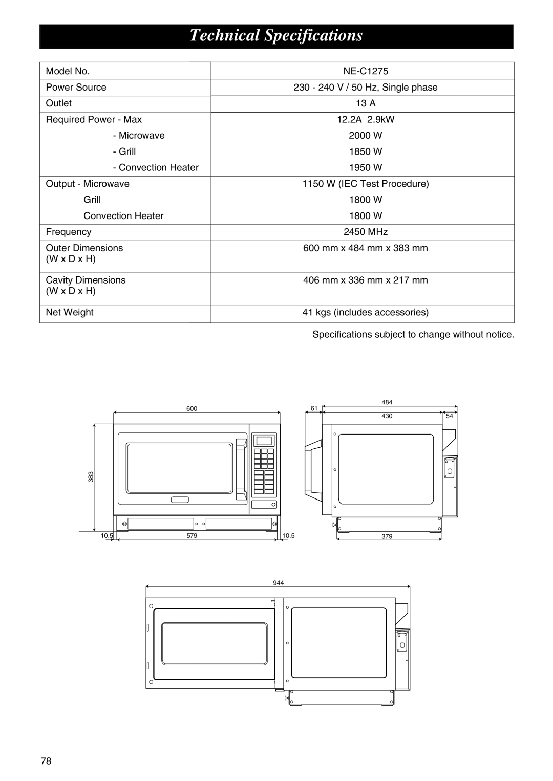 Panasonic NE-C1275 operating instructions Technical Specifications 