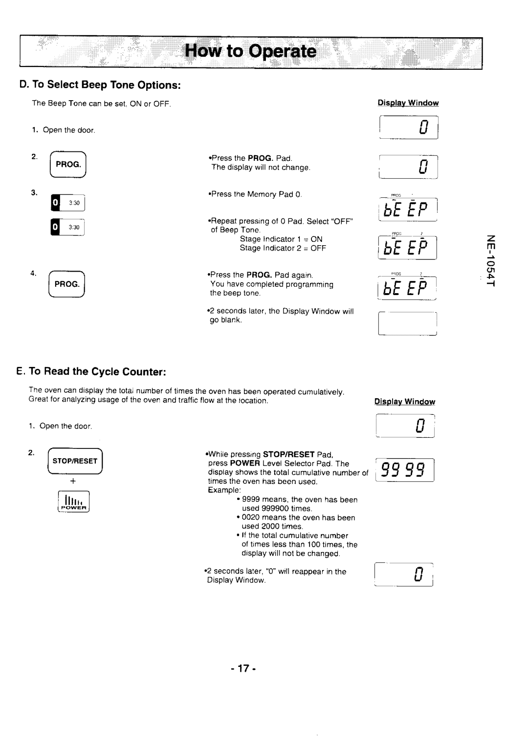 Panasonic NE-l0247, NE-l0547 manual ToSelectBeepToneOptions, To Readthe CycleCounter, U9ry5r.l, Stop,/Reseti 