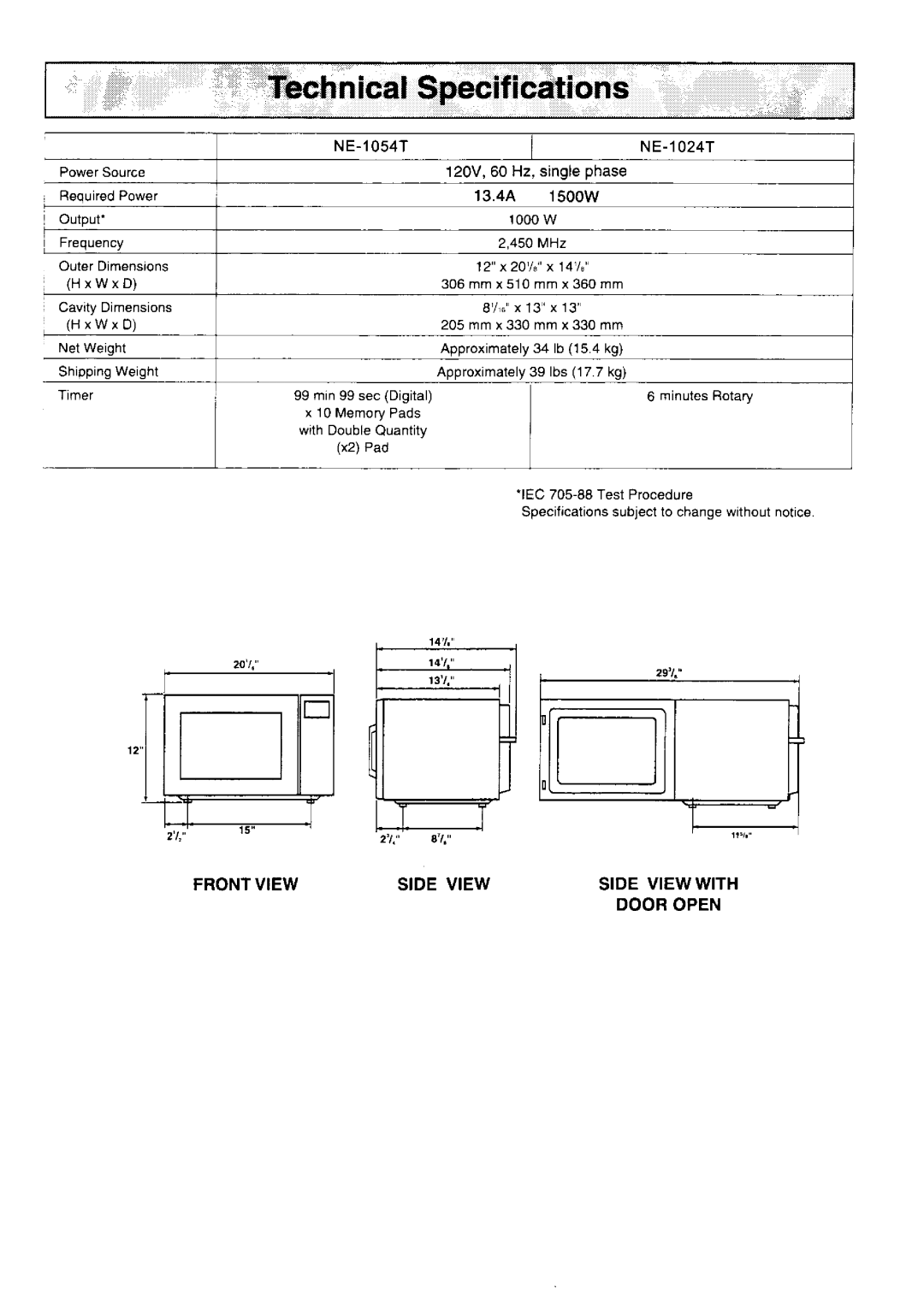 Panasonic NE-l0247, NE-l0547 manual 1 0 5 4 7N E 1 0 2 4 7 120V,60Hz,singlephase 13 1500W, Output, 1000w, MinutesRotary 