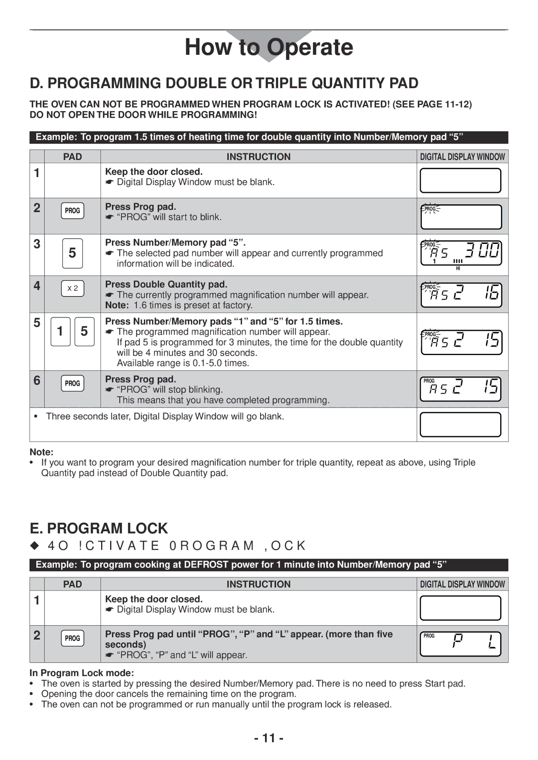 Panasonic NE1257R, NE2157R, NE1757R, NE1258R operating instructions Programming Double or Triple Quantity PAD, Program Lock 