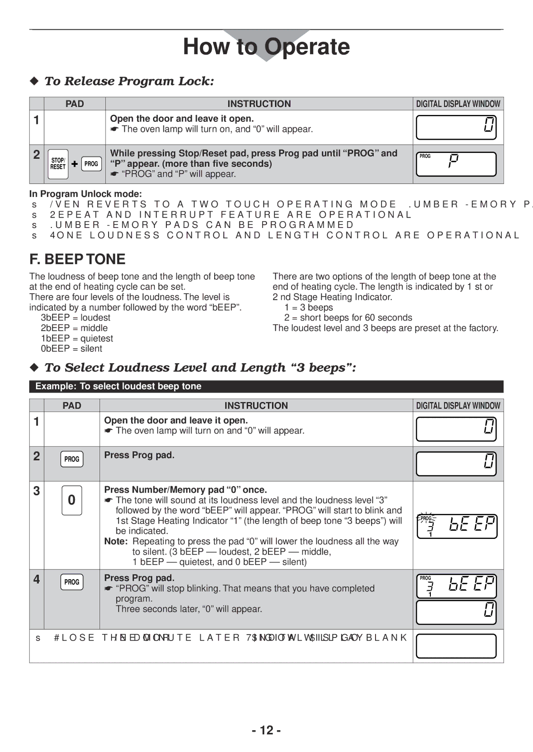 Panasonic NE2157R Beep Tone, While pressing Stop/Reset pad, press Prog pad until Prog, Open the door and leave it open 