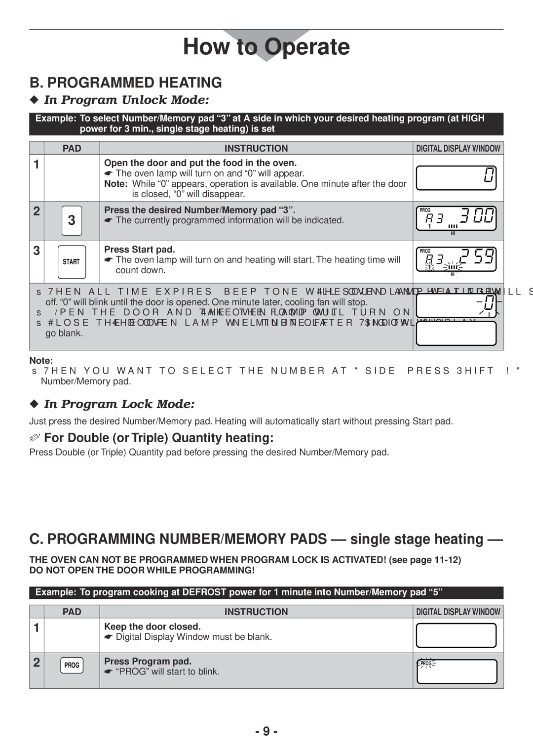 Panasonic NE1757R Programmed Heating, Press the desired Number/Memory pad, Press Program pad, PROG will start to blink 