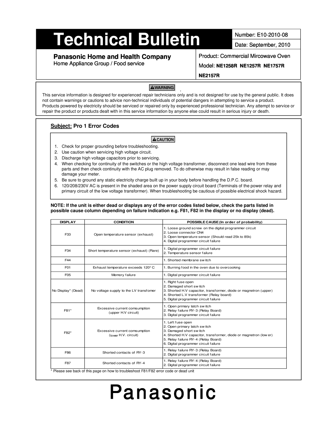 Panasonic NE1757R manual Technical Bulletin, Panasonic Home and Health Company, Number E10-2010-08 Date September 