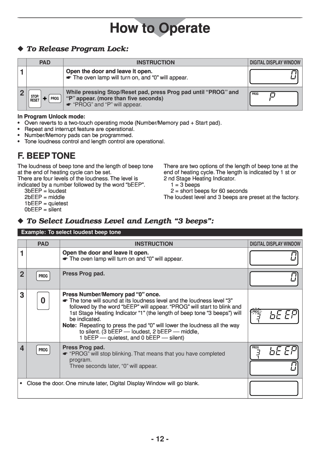 Panasonic NE2157R F. Beep Tone, How to Operate, XXTo Release Program Lock, XXTo Select Loudness Level and Length “3 beeps” 