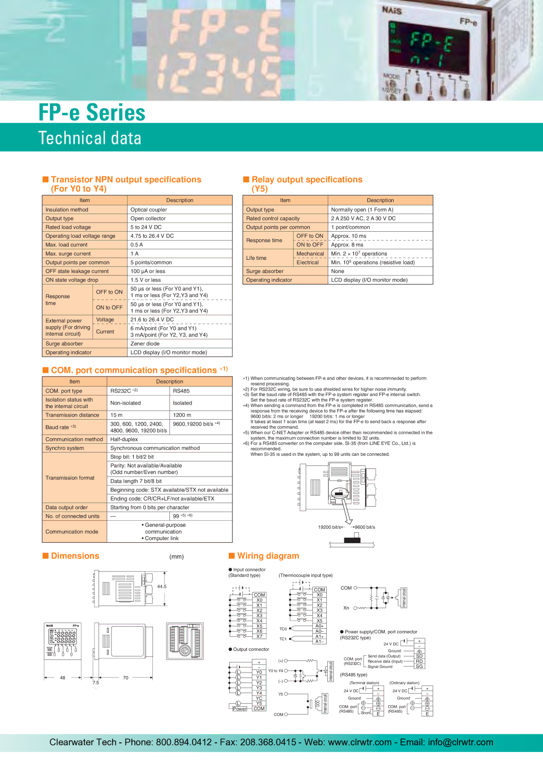 Panasonic Network Adaptor manual Transistor NPN output specifications For Y0 to Y4, Relay output specifications Y5 