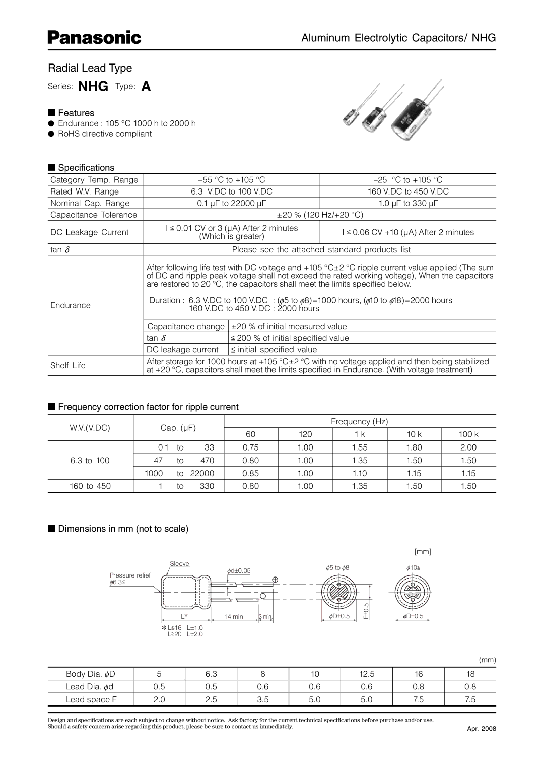 Panasonic NHG specifications Features, Speciﬁcations, Frequency correction factor for ripple current 