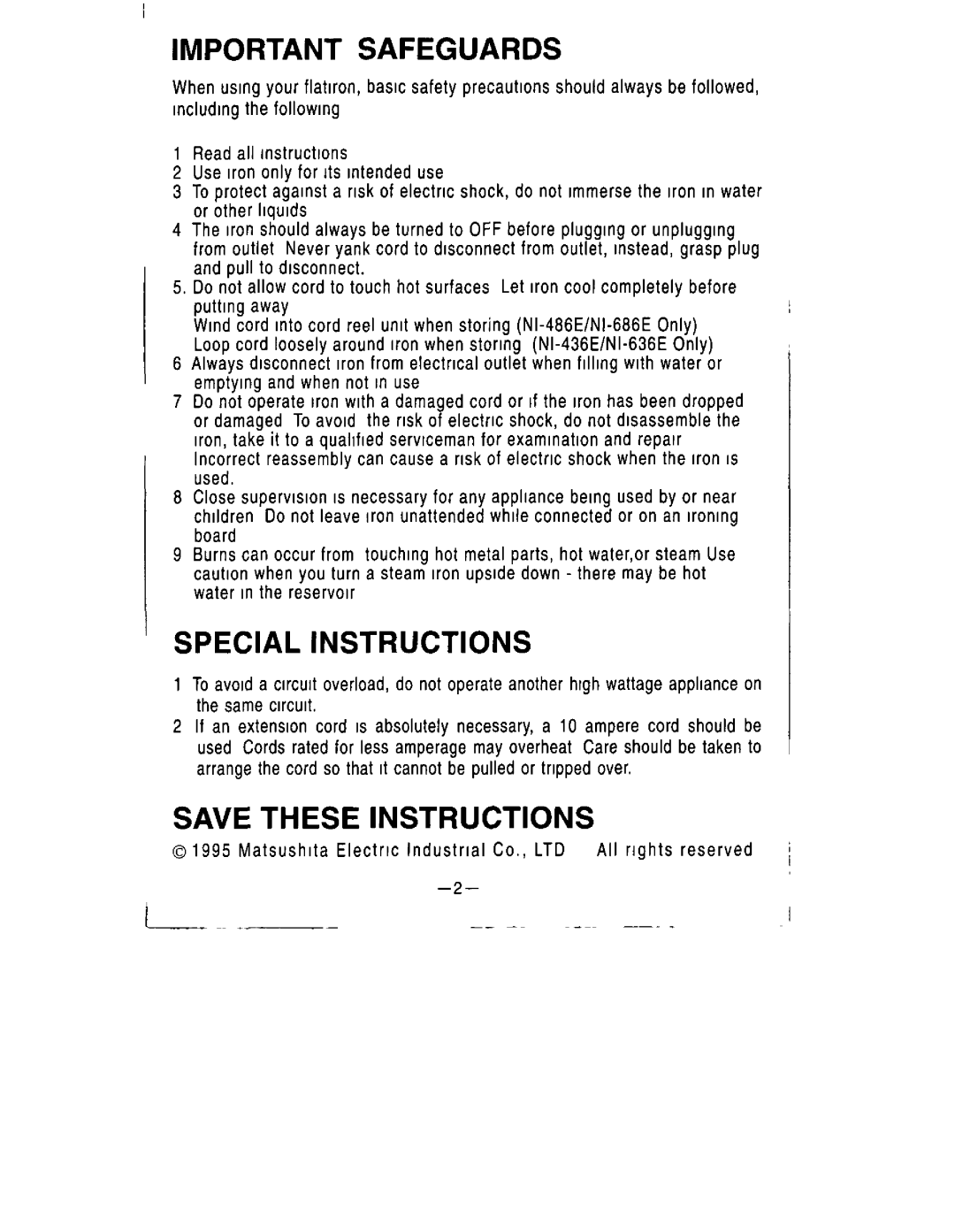 Panasonic NI-436E, NI-686E, NI-486E, NI-636E manual 