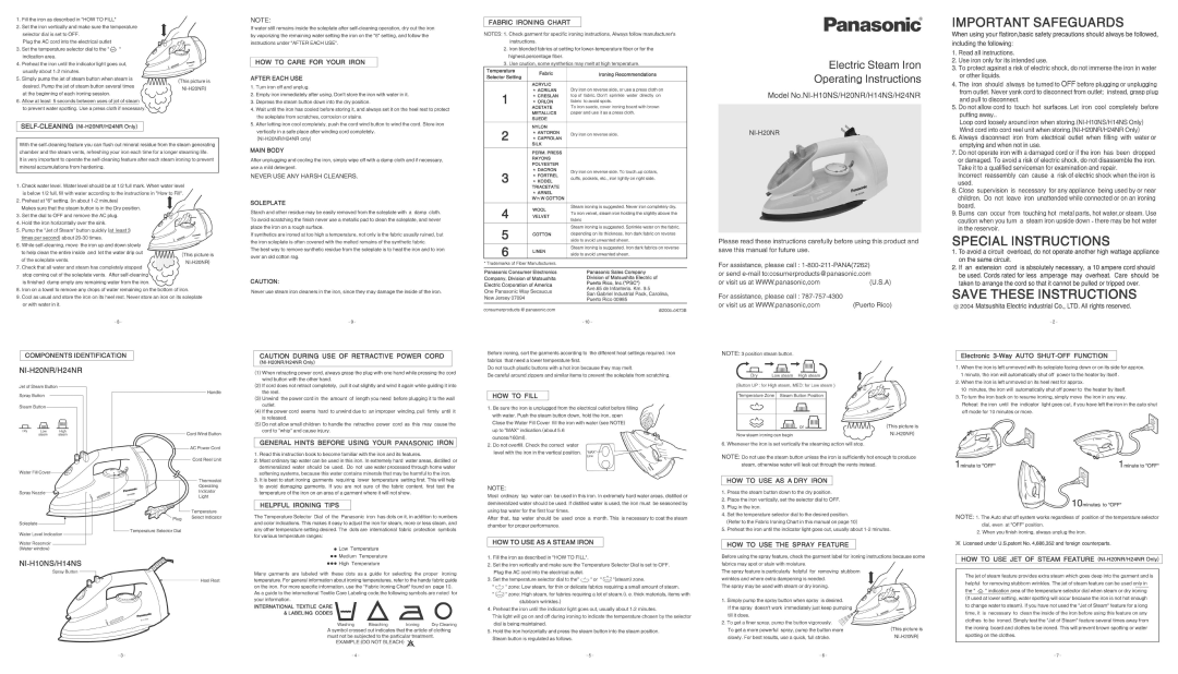 Panasonic NI-H10NS, NI-H20NR, NI-H24NR, NI-H14NS manual 
