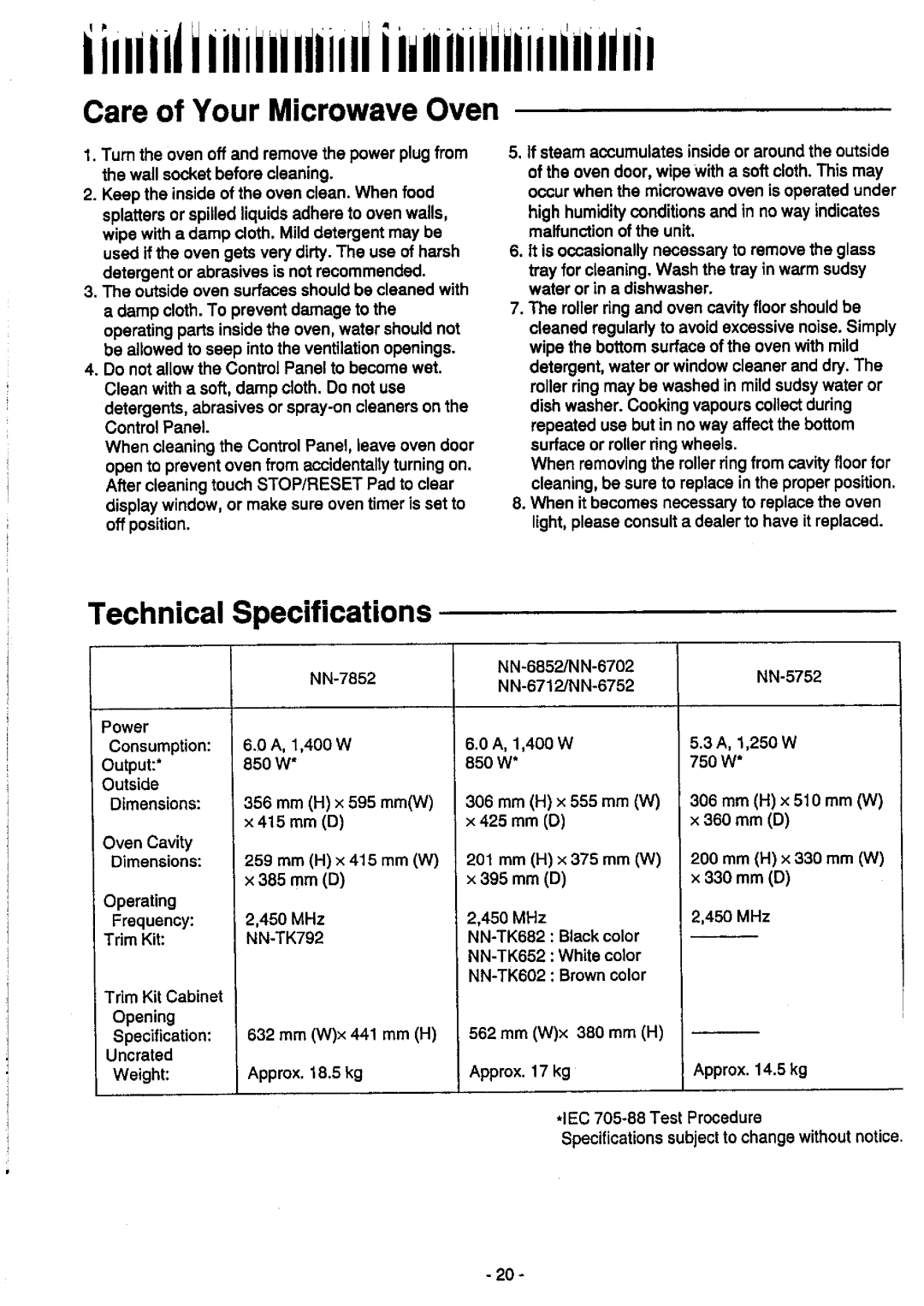 Panasonic NN-6852, NN-5752, NN-7852, NN-6752, NN-6712, NN-6702 manual 