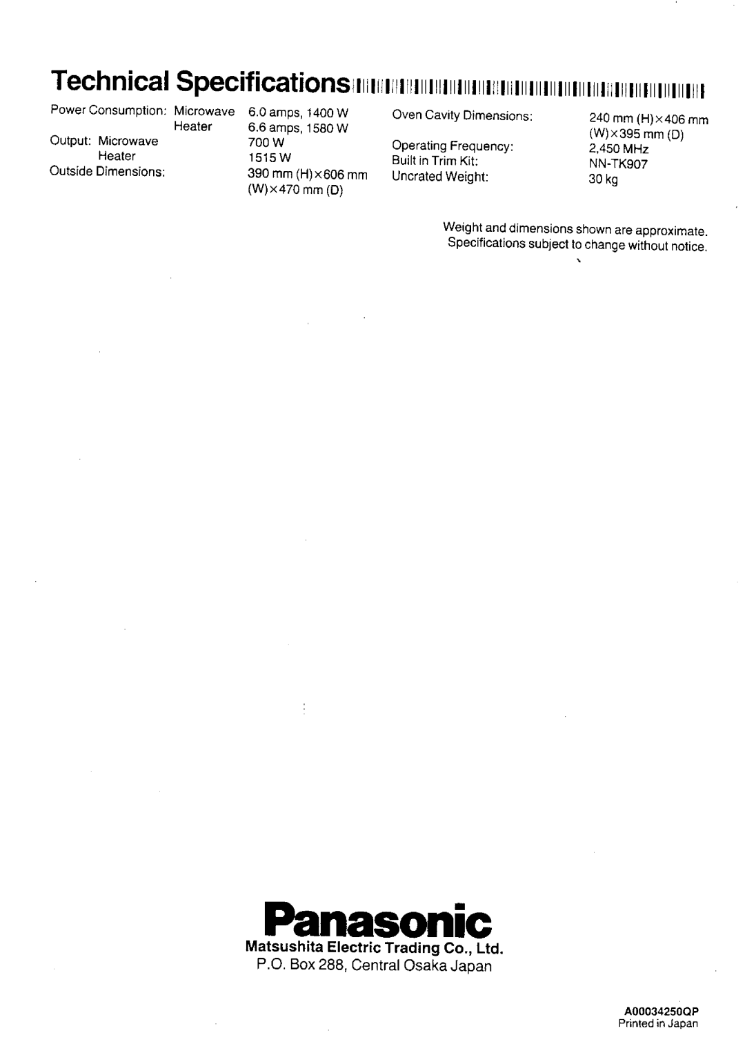 Panasonic NN-9807 manual 