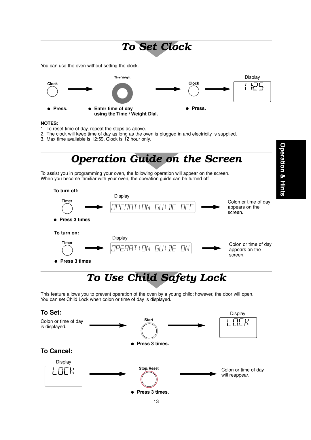 Panasonic NN-C2000W manual To Set Clock, Operation Guide on the Screen, To Use Child Safety Lock, To Cancel 