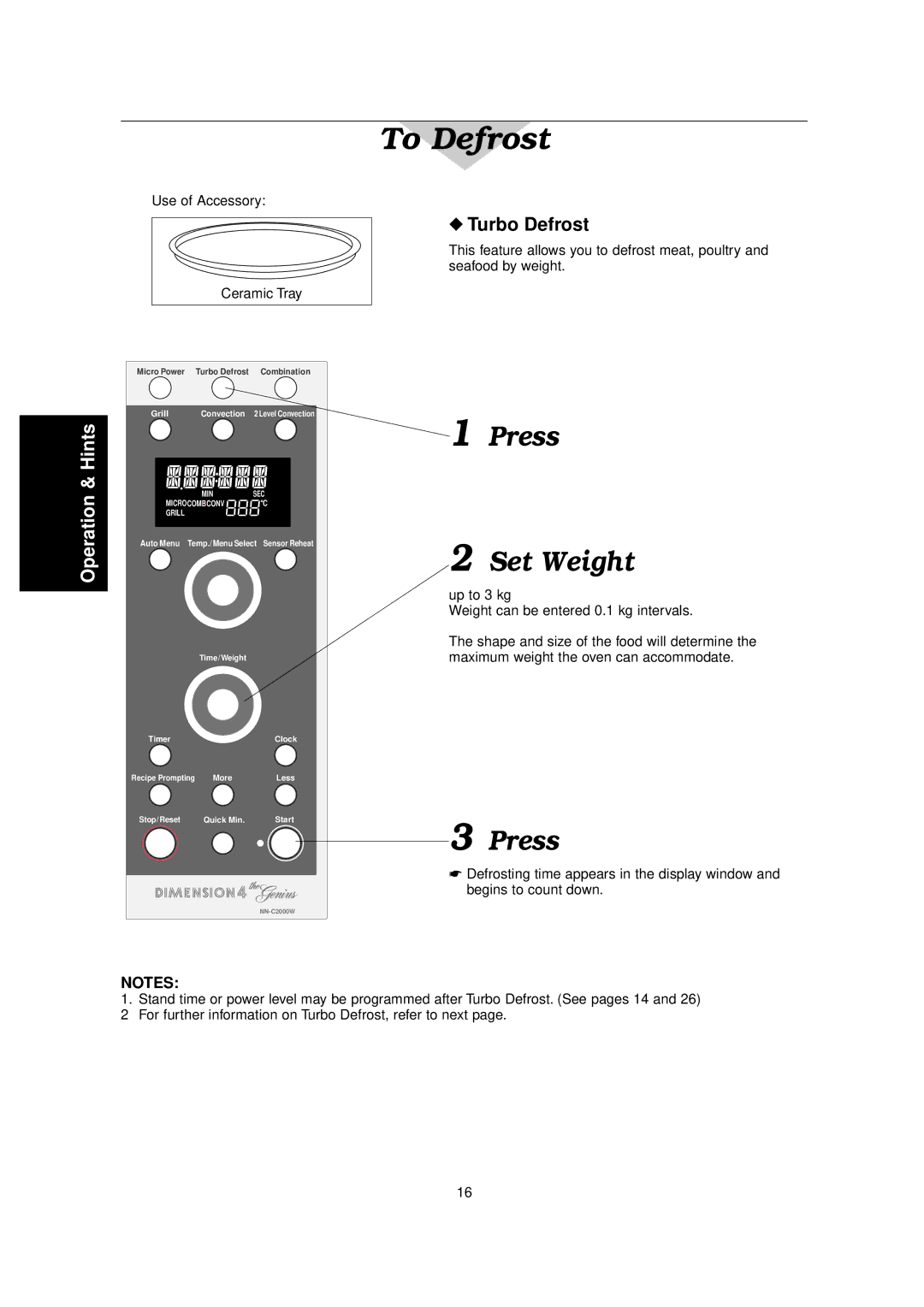 Panasonic NN-C2000W manual To Defrost, Turbo Defrost 