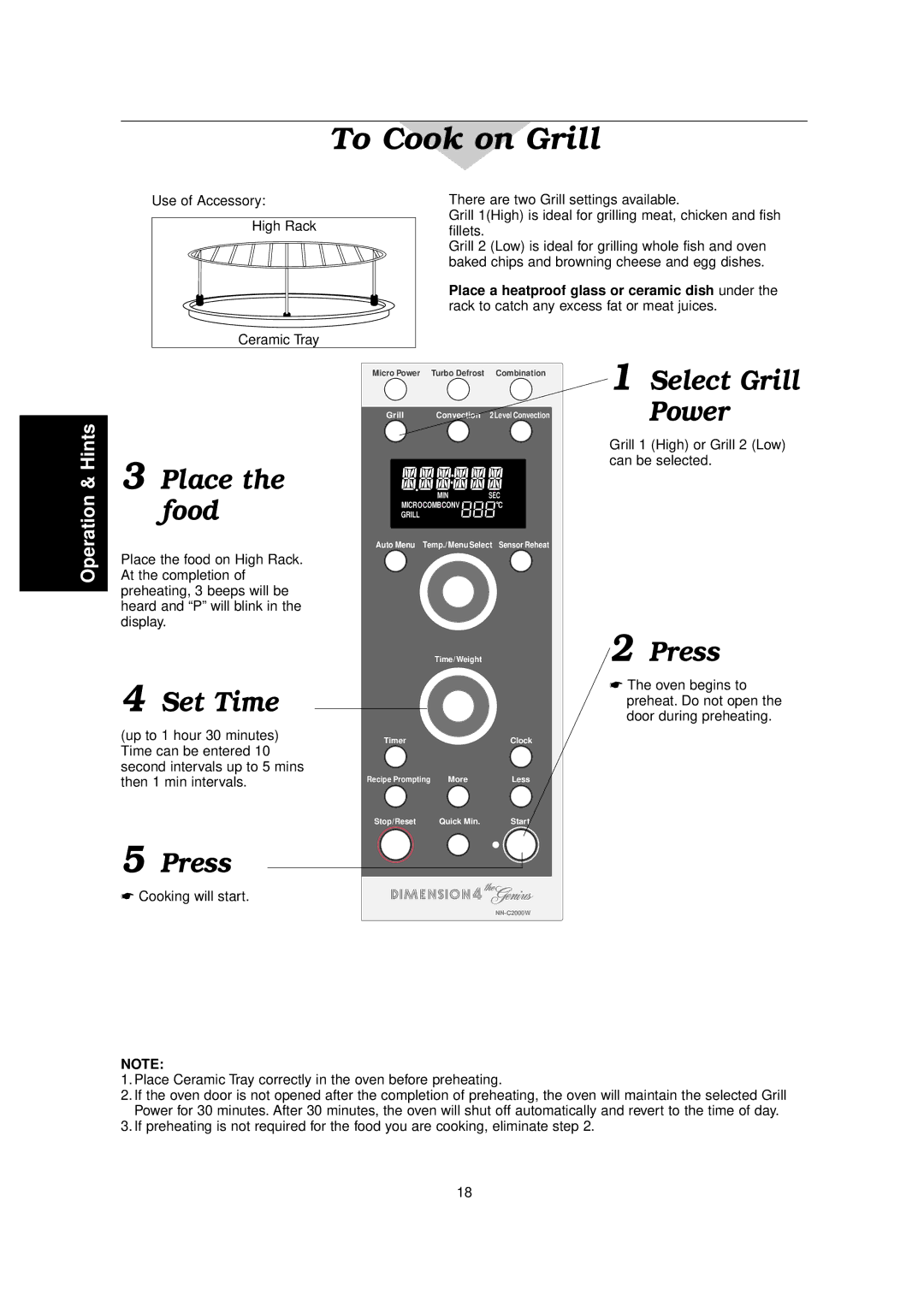 Panasonic NN-C2000W manual To Cook on Grill, Place a heatproof glass or ceramic dish under 