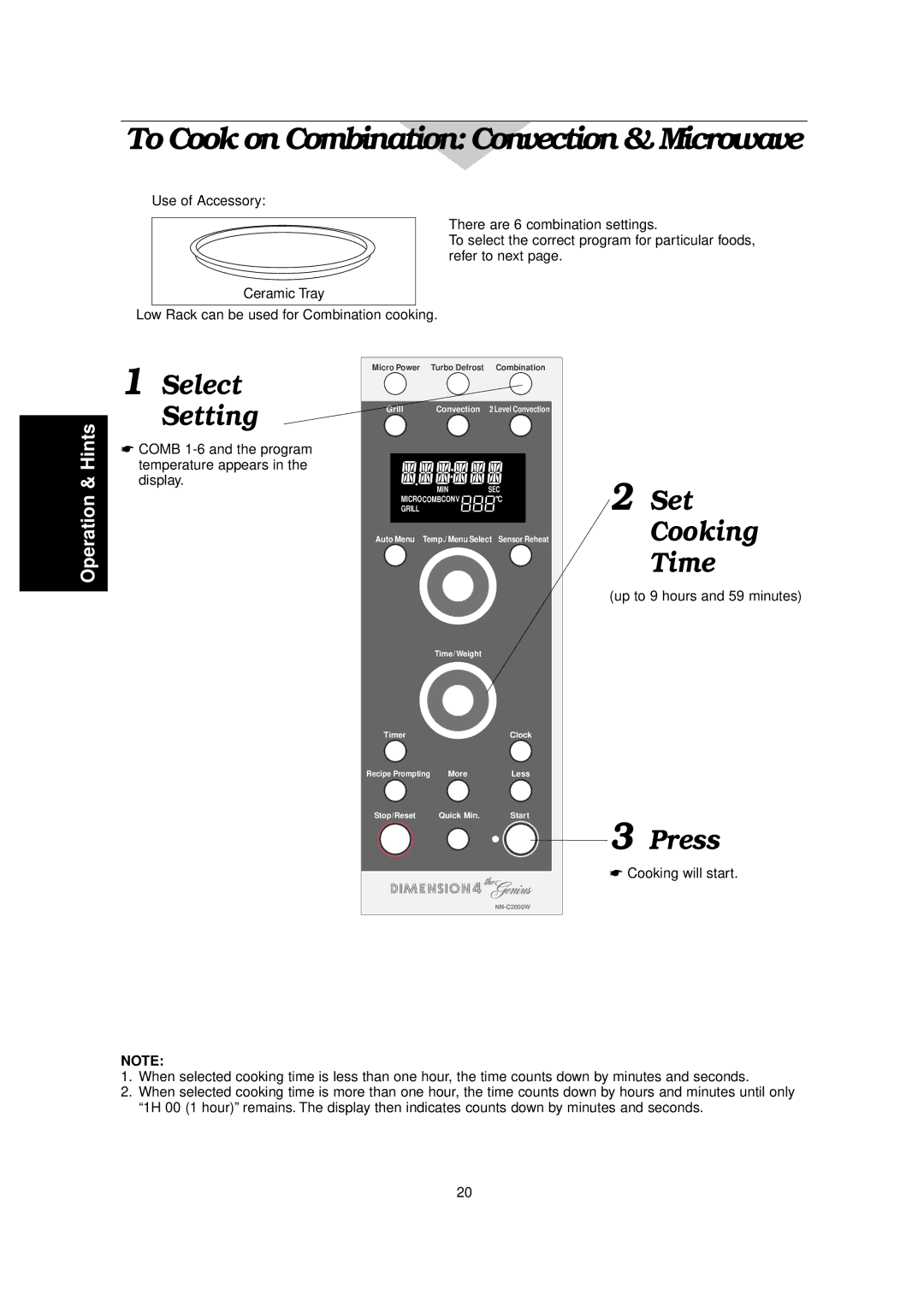 Panasonic NN-C2000W manual To Cook on Combination Convection & Microwave, Select Setting 