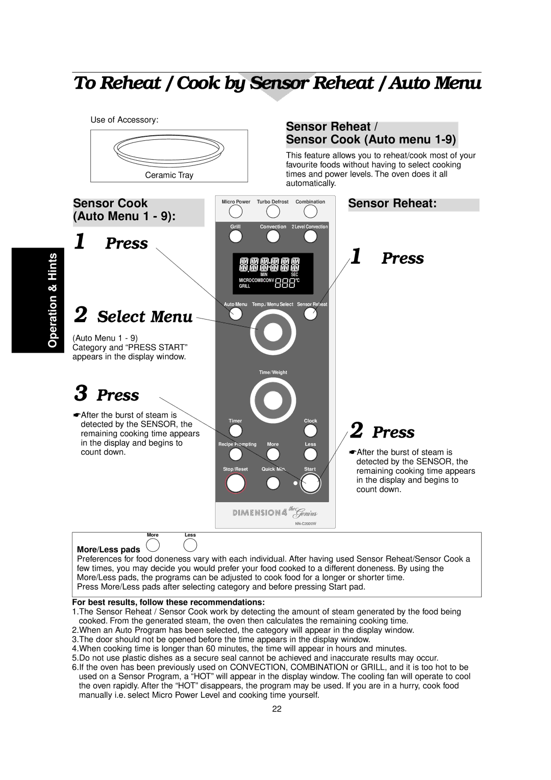 Panasonic NN-C2000W manual To Reheat / Cook by Sensor Reheat / Auto Menu, More/Less pads 