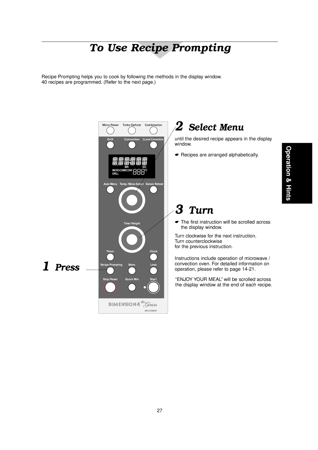 Panasonic NN-C2000W manual To Use Recipe Prompting, Turn 