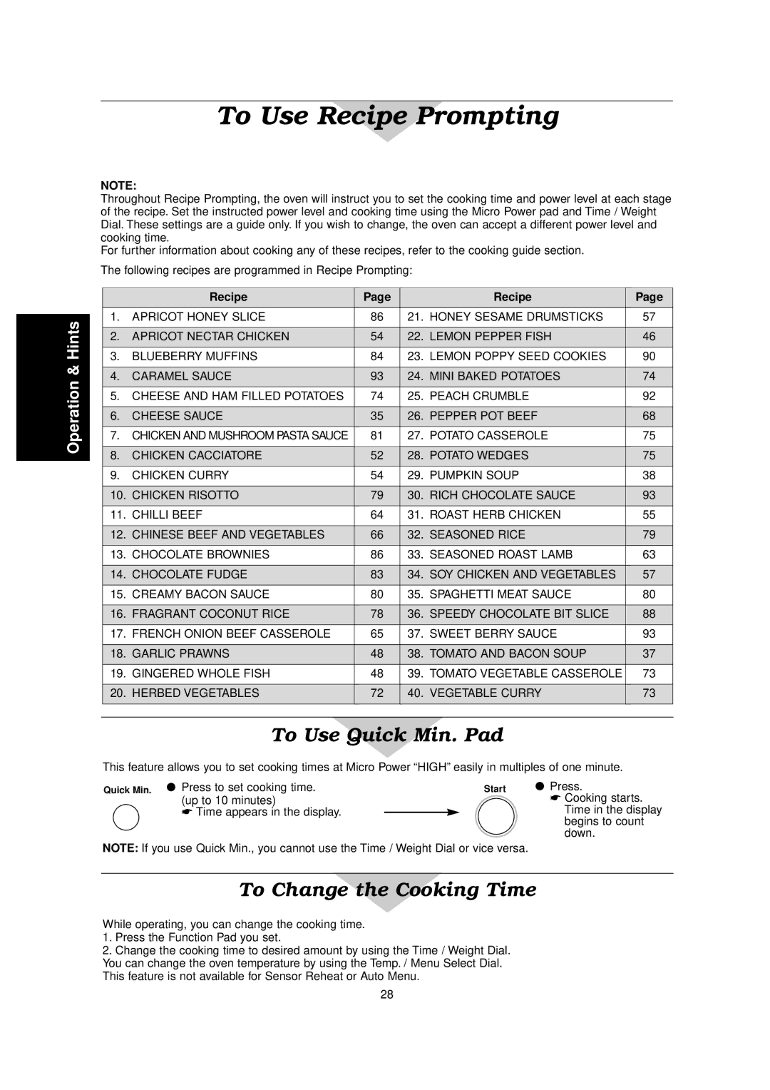 Panasonic NN-C2000W manual To Use Quick Min. Pad, Recipe 