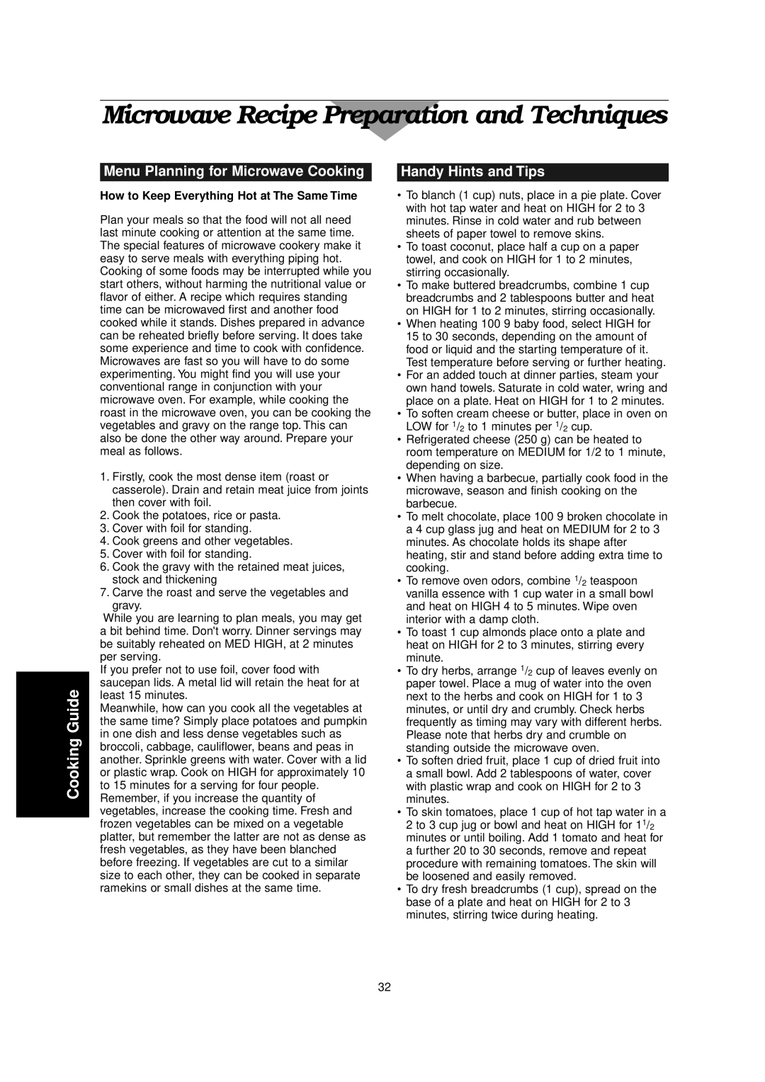 Panasonic NN-C2000W Menu Planning for Microwave Cooking, Handy Hints and Tips, How to Keep Everything Hot at The Same Time 