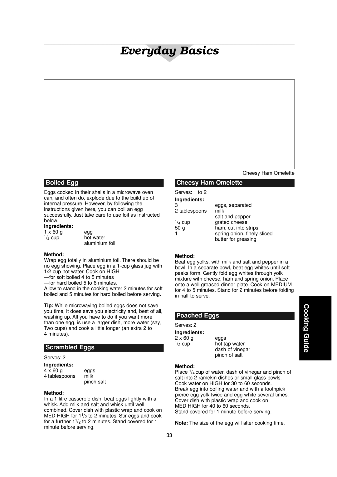 Panasonic NN-C2000W manual Everyday Basics, Boiled Egg, Scrambled Eggs, Cheesy Ham Omelette, Poached Eggs 