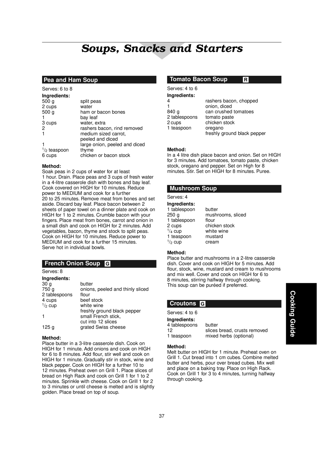 Panasonic NN-C2000W manual Soups, Snacks and Starters 