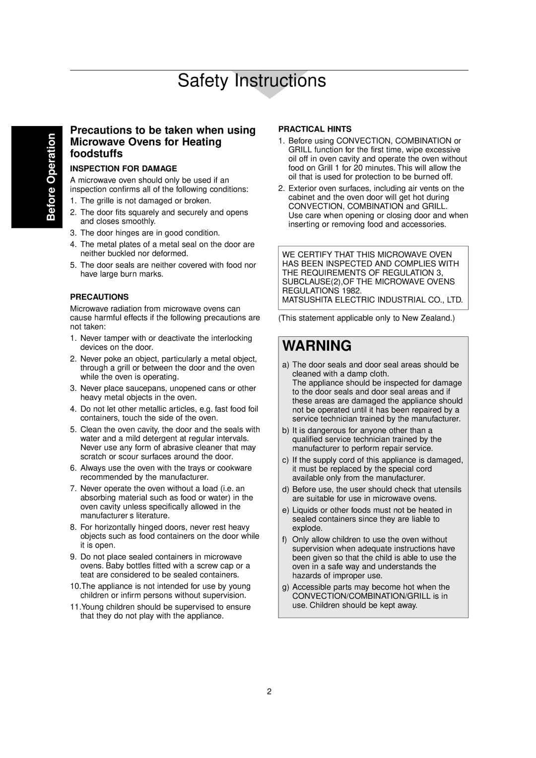 Panasonic NN-C2000W manual Safety Instructions, Before Operation 