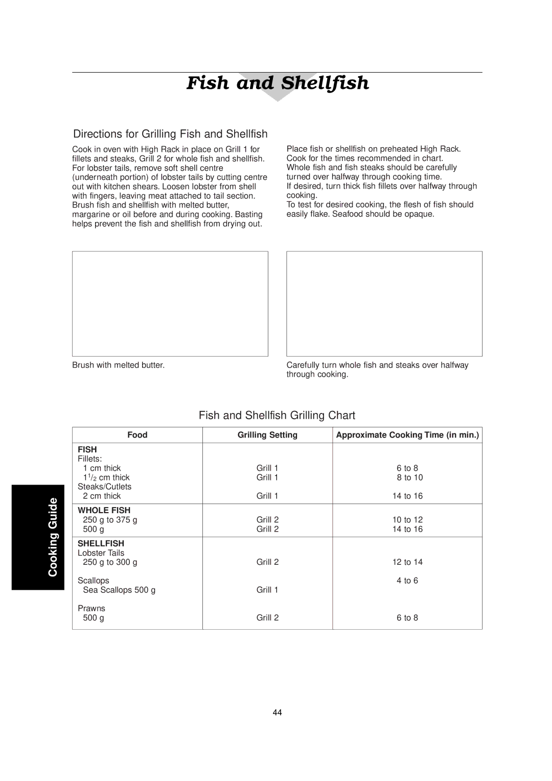 Panasonic NN-C2000W manual Directions for Grilling Fish and Shellfish, Fish and Shellfish Grilling Chart 